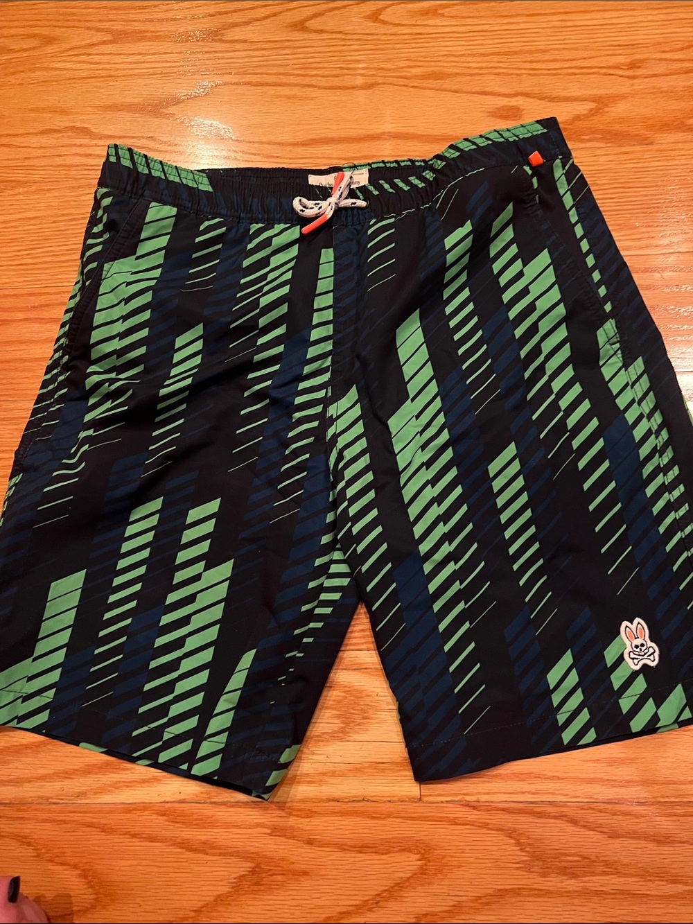Psycho Bunny Black Swim Board Shorts with Green and Navy Diagonal Stripe